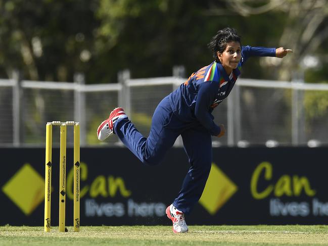 Poonam Yadav of India bowls during game one of the Women's One Day International series between Australia and India at Great Barrier Reef Arena on September 21, 2021 in Mackay, Australia. Picture: Albert Perez/Getty Images