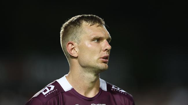 SYDNEY, AUSTRALIA - MARCH 08: Tom Trbojevic of the Sea Eagles looks on during the round one NRL match between Manly Sea Eagles and North Queensland Cowboys at 4 Pines Park, on March 08, 2025, in Sydney, Australia. (Photo by Cameron Spencer/Getty Images)