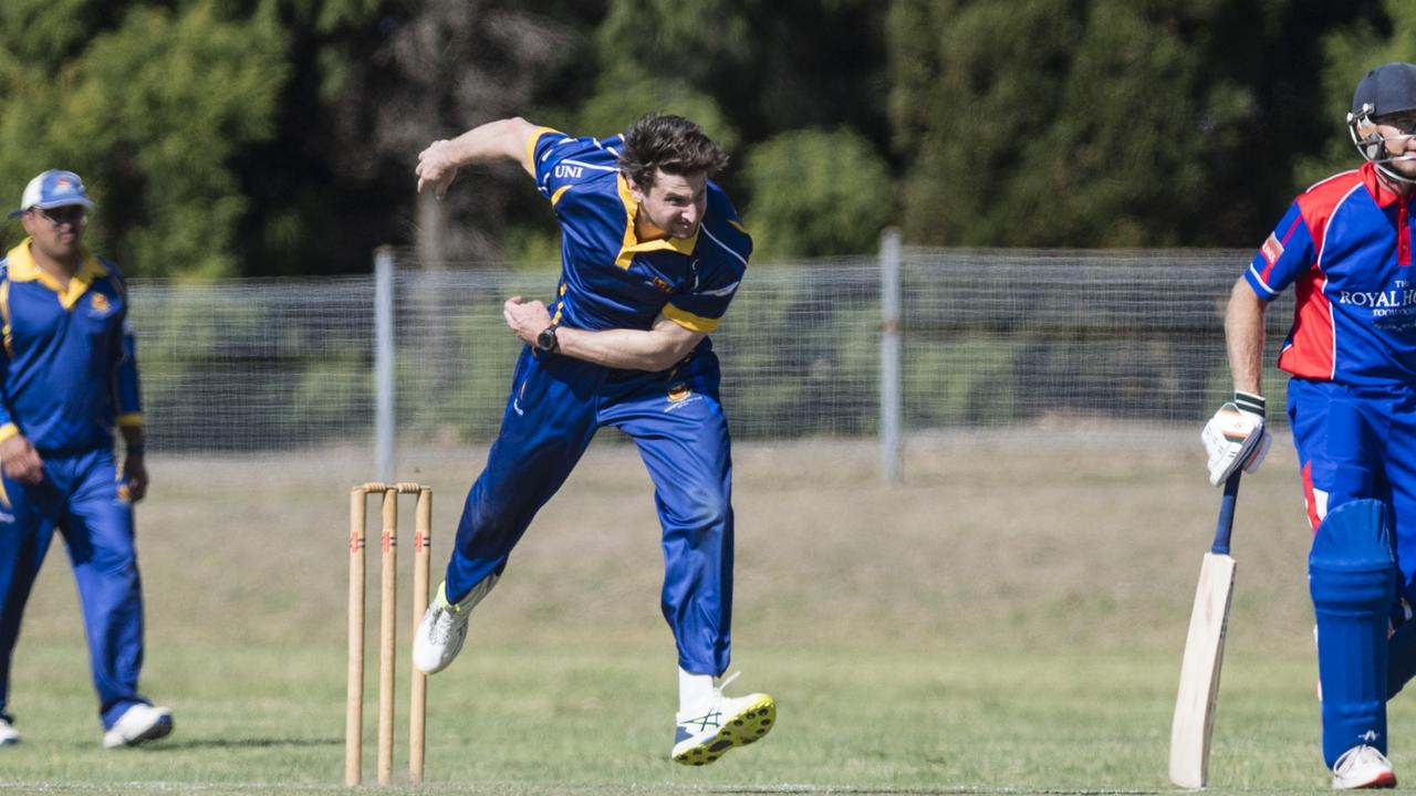 University bowler Matt Johnston against Highfields. Picture: Kevin Farmer