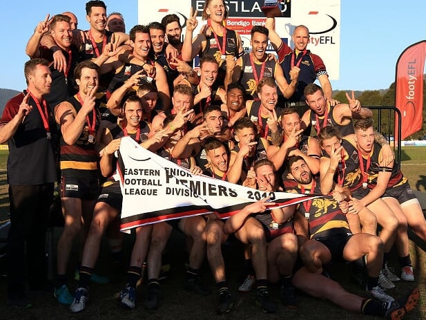 Doncaster East celebrates its EFL Division 1 premiership. Picture: Davis Harrigan