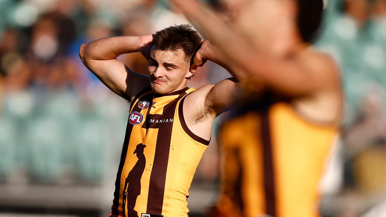 Seamus Mitchell rues a missed shot on goal for the Hawks. Picture: Michael Willson/AFL Photos via Getty Images