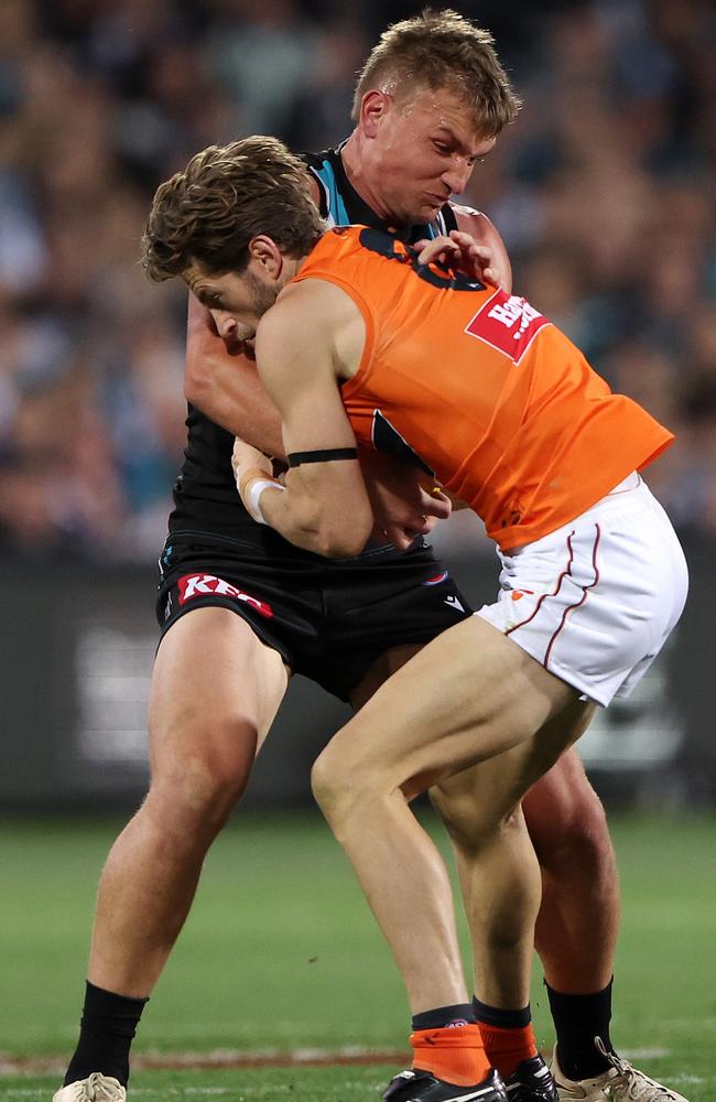 Wines going toe-to-toe with Callan Ward for a loose ball. Picture: Getty Images