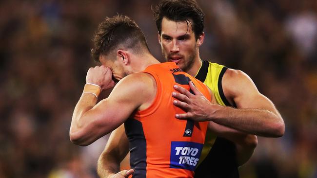 Richmond's Alex Rance consoles former teammate Brett Deledio after the 2017 preliminary final. Pic: Phil Hillyard