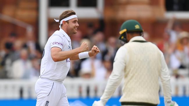 Stuart Broad celebrates the wicket of Usman Khawaja. Picture: Getty