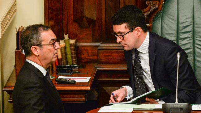 Premier Stephen Marshall talks to speaker Dan Cregan during Parliament Question Time. Picture: Brenton Edwards