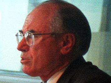 Opposition Leader John Howard makes point in interview with radio announcer John Laws on his show at 2UE during 1996 Federal Election Campaign, NSW.      Election/1996 P/L