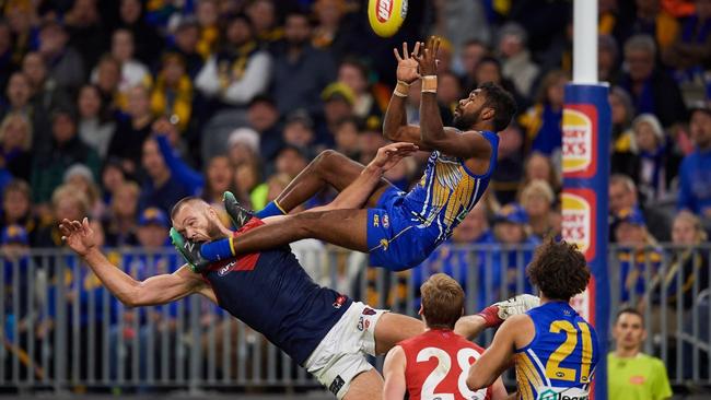 Liam Ryan's spectacular mark for West Coast over Max Gawn at the West Coast V Melbourne game in perth. Picture: Stefan Gosatti