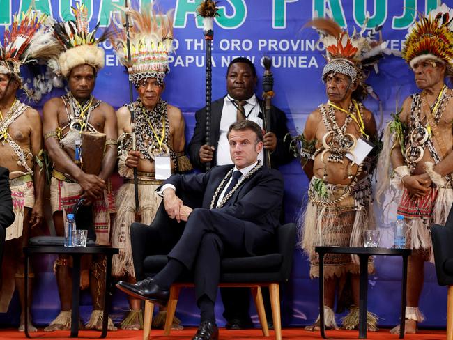 France's President Emmanuel Macron meets Managalas people at APEC Haus in Port Moresby. Picture: Ludovic Marin/AFP