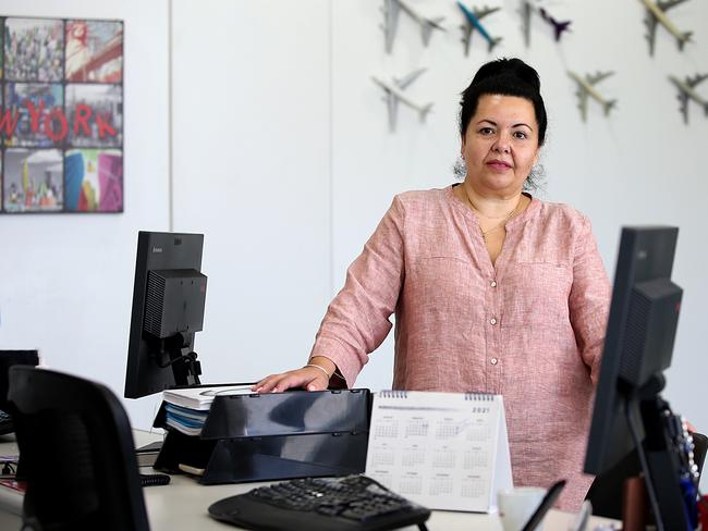 International travel agent ,Maria Xylas's business is on its last legs as the JobKeeper subsidy is rescinded as of the 28th of March.She is the only worker in her business, and will not be receiving a pay cheque until international travel returns. Jane Dempster/The Australian.