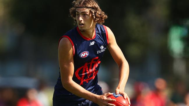 MELBOURNE, AUSTRALIA - JANUARY 27: Luke Jackson of the Demons runs with the ball during a Melbourne Demons AFL training session at Gosch's Paddock on January 27, 2020 in Melbourne, Australia. (Photo by Robert Cianflone/Getty Images)