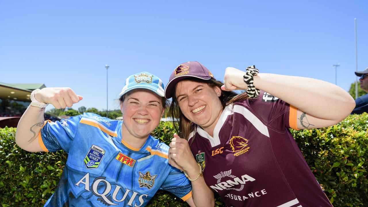 Oakey sisters Karina Barron (left) and Natasha Swain show their support for opposing teams at the NRL Pre-Season Challenge game between Broncos and Titans at Toowoomba Sports Ground, Sunday, February 16, 2025. Picture: Kevin Farmer