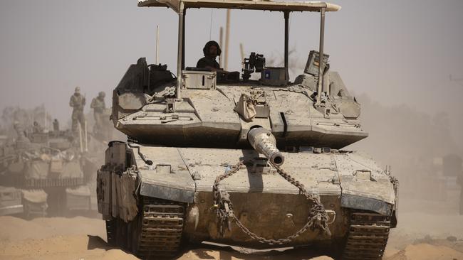 An Israeli tank near the border with the southern Gaza Strip this week. Picture: Getty Images