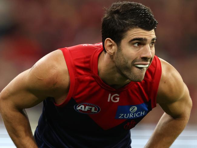 MELBOURNE, AUSTRALIA - APRIL 11: Christian Petracca of the Demons looks on during the round five AFL match between Melbourne Demons and Brisbane Lions at Melbourne Cricket Ground, on April 11, 2024, in Melbourne, Australia. (Photo by Robert Cianflone/Getty Images)