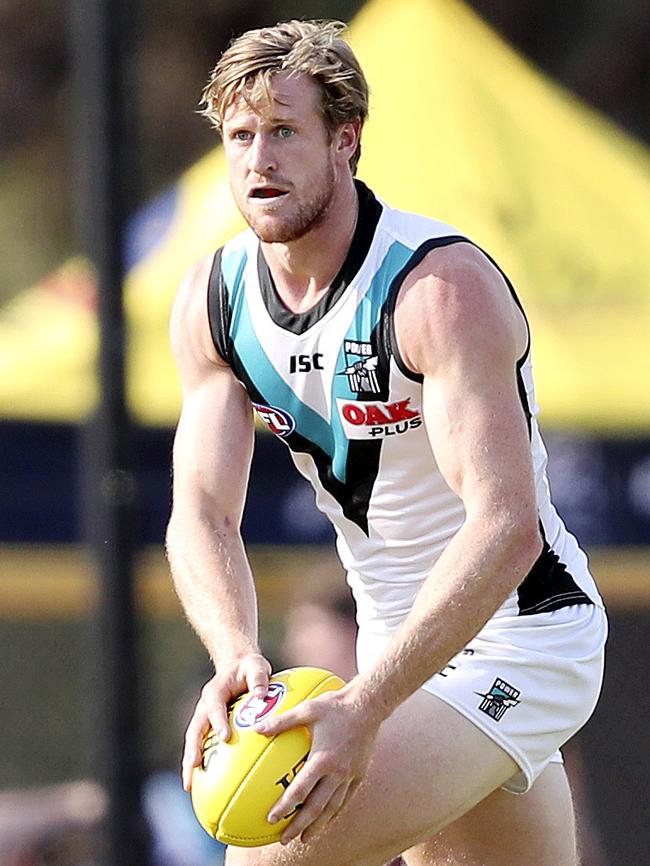 New Port Adelaide co-captain Tom Jonas about to kick against the Crows in the JLT series at at Port Pirie. Tom Jonas. Picture SARAH REED