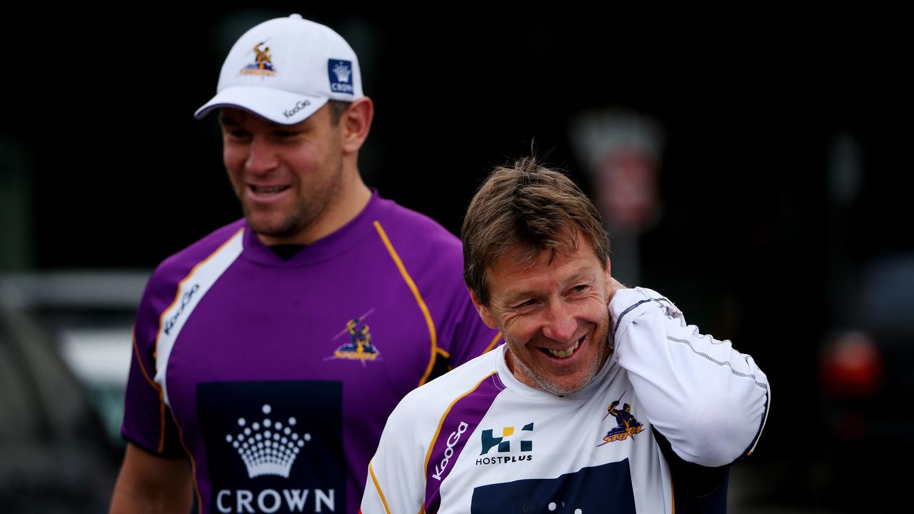 Jason Ryles (L) and Craig Bellamy at Storm training in 2013. Picture: Colleen Petch
