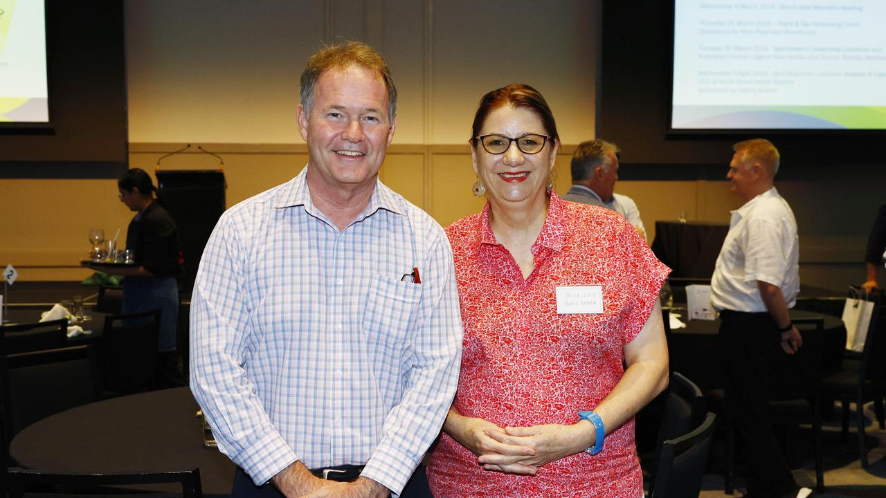 Richard Stevenson and Julia Leu at the Cairns Chamber of Commerce February business lunch - Tourism Industry Update &amp; Outlook, held at the Pullman International hotel. Picture: Brendan Radke