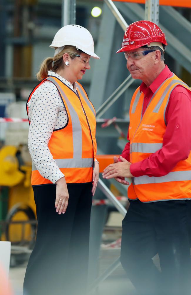 Annastacia Palaszczuk and Bruce Saunders at the Downer Rail Manufacturing facility at Maryborough. Picture: Lachie Millard