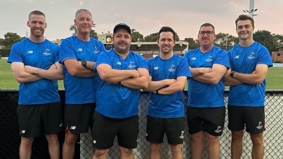 Frankston's coaching line-up for 2024, from left: Sam McMillan, Damien Keeping, Tim McGibney, Jackson Kornberg, Troy Hemming, Ben Watson.