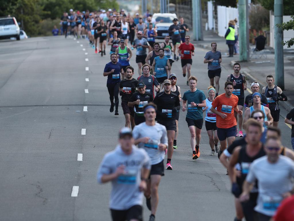 Runners make their way up Davey Street during the 2019 Point to Pinnacle. Picture: LUKE BOWDEN