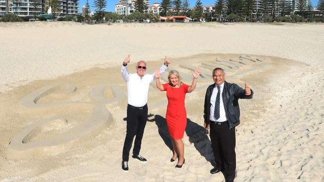 Kate Jones, Gold Coast Mayor Tom Tate and Promoter Paul Dainty when they launched SandTunes at Coolangatta Beach.