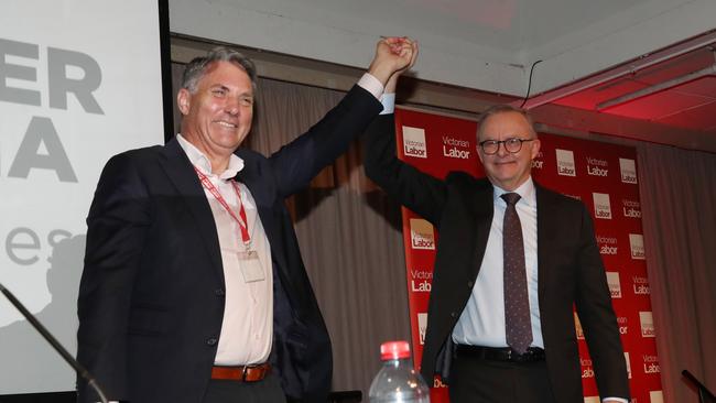 Prime Minister Anthony Albanese and deputy Prime Minister Richard Marles at the Victorian Labor Party conference at Moonee Valley Racecourse. Picture: NewsWire/ David Crosling