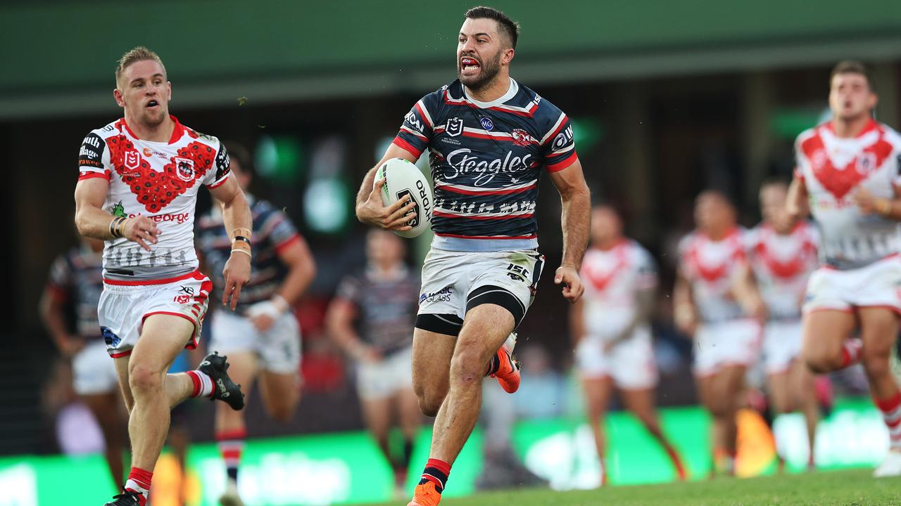 Roosters' James Tedesco on a break during the NRL Anzac Day match between the Sydney Roosters and St. George-Illawarra Dragons at the SCG.