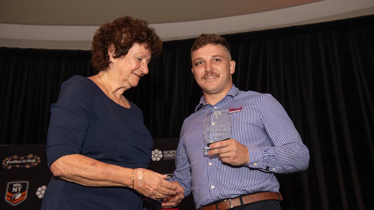 Jackie Edwards and Brodie Toms at the 2023 NRL NT Frank Johnson / Gaynor Maggs medal night. Picture: Pema Tamang Pakhrin