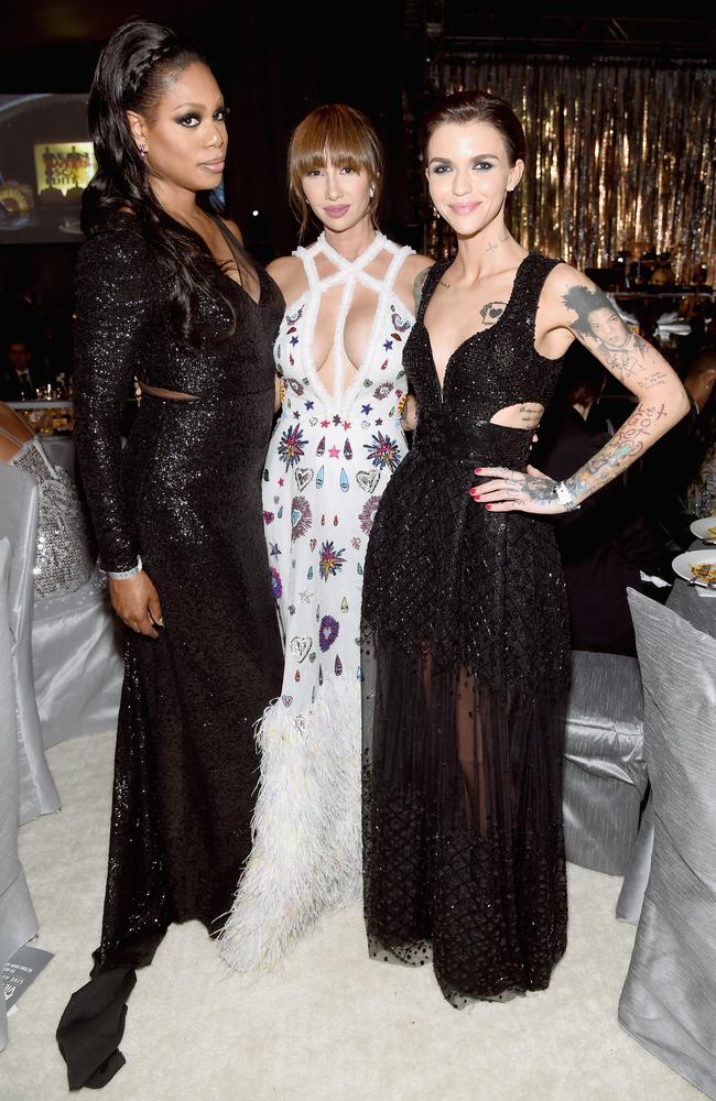 <i>Orange is the New Black </i>co-stars Laverne Cox, Jackie Cruz, and Ruby Rose at Elton John’s annual viewing party. Picture: Jamie McCarthy/Getty Images for EJAF