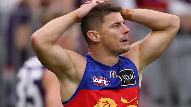 PERTH, AUSTRALIA - MARCH 17: Dayne Zorko of the Lions looks on during the round one AFL match between Fremantle Dockers and Brisbane Lions at Optus Stadium, on March 17, 2024, in Perth, Australia. (Photo by Paul Kane/Getty Images)