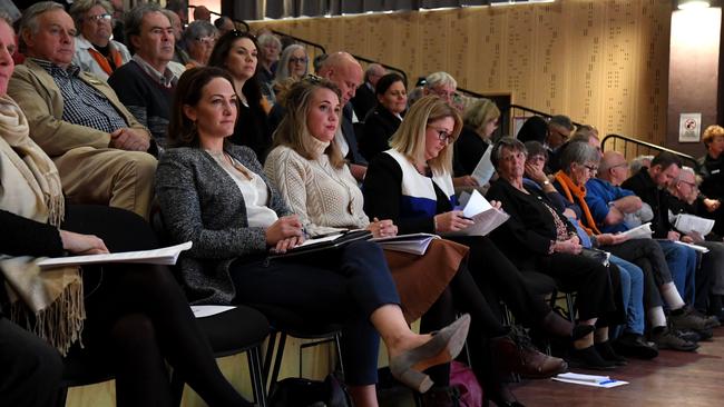 Georgina Downer and Member for Mayo Rebekha Sharkie wait their turn to speak at the Goolwa Centenary Hall before the election. Picture: Tricia Watkinson.