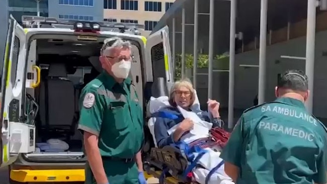 Newly-elected Adelaide Lord Mayor Jane Lomax-Smith with paramedics outside the Adelaide Convention Centre. Picture: 7NEWS