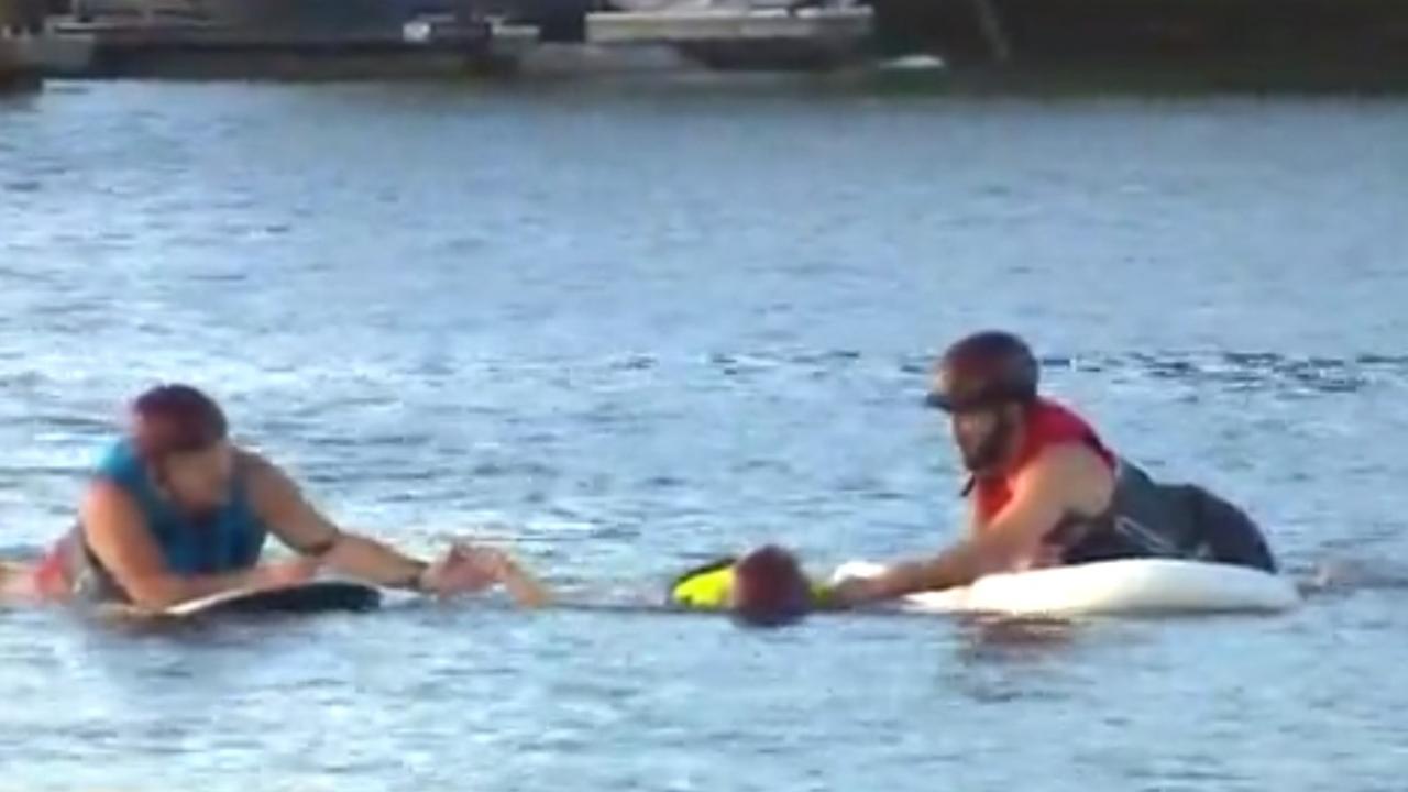 Dramatic footage showing Langdon being rescued by two men on surfboards aired on Today. Picture: Channel 9