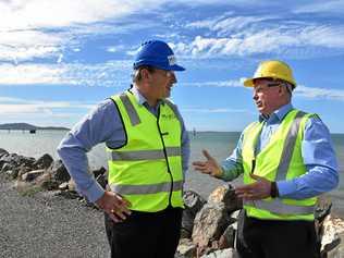 RELIABLE SUPPLY: Mako Tidal Turbines chief executive officer Douglas Hunt and Gladstone Ports Corporation chief executive officer Peter O'Sullivan discuss the six-month tidal turbine demonstration due to start soon at Barney Point. Picture: Tegan Annett