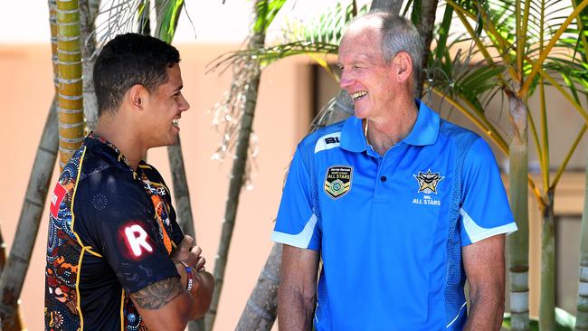 Dane Gagai and Wayne Bennett speak at the NRL All Stars and Indigenous All Stars launch in 2015. Picture: Adam Head