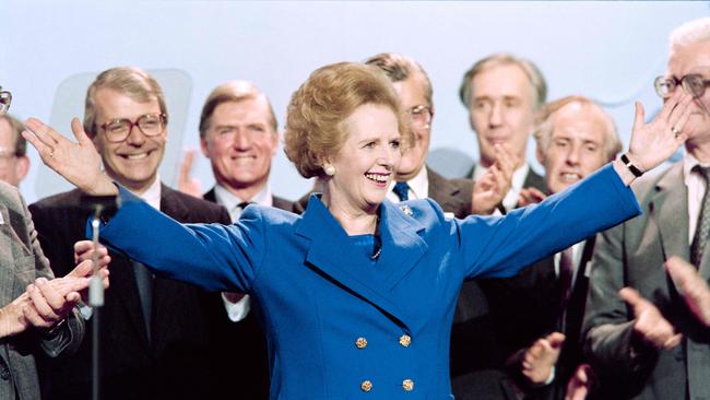 Margaret Thatcher acknowledges applause at the end of the Conservative Party conference in Blackpool.