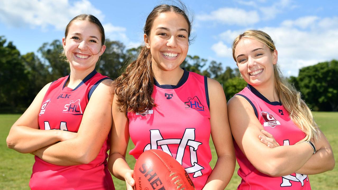 Mountain Creek State High School senior girls (pictured) and senior boys teams have qualified for the AFLQ schools quarter cup finals. (L to R) Zoe Smith, Demi Norton and Neve Underwood. Picture: Patrick Woods.