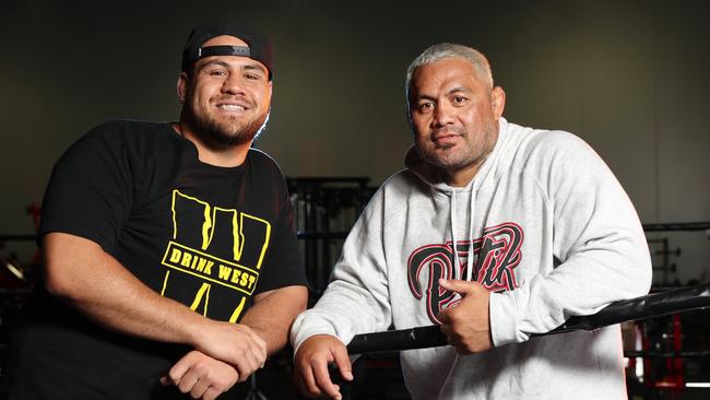 EMBARGOED FOR DAILY TELEGRAPH SYDNEY Pictured at Steel City Boxing in Newcastle is UFC fighter Tai Tuivasa and former champion UFC fighter Mark Hunt ahead of his boxing bout against Paul Gallen. Picture: Richard Dobson