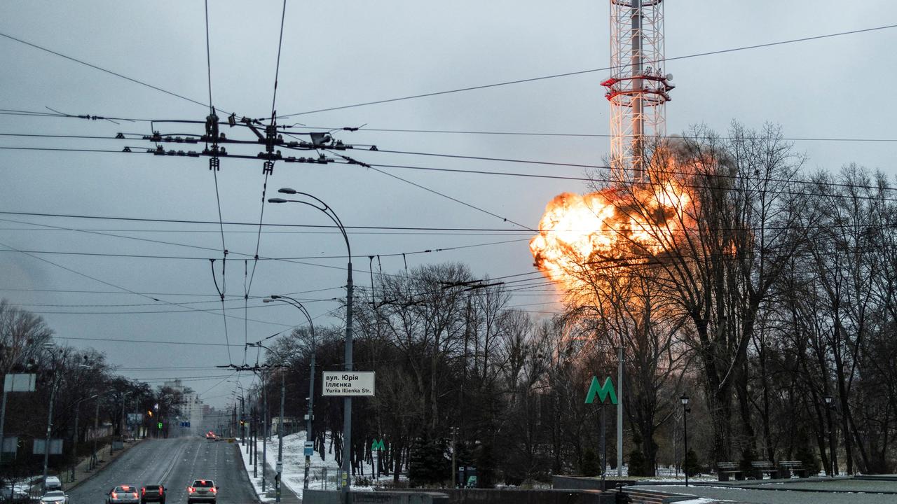 A blast is seen in the TV tower, amid Russia's invasion of Ukraine, in Kyiv. Picture: Carlos Barria