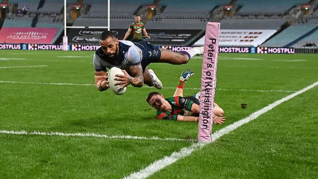 Josh Addo-Carr became the first player in 71 years to score six tries in a first grade match in a dominant display against South Sydney in 2021. Picture: NRL Photos