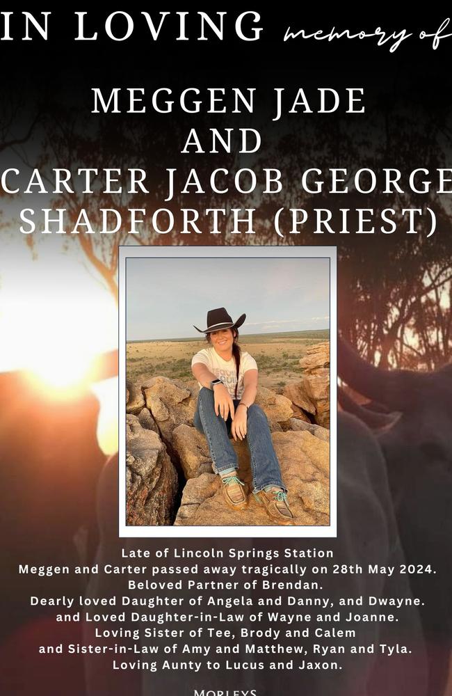 The funeral notice for Meggen Jade, also known as Meg Priest, and partner Brendan Shadforth.