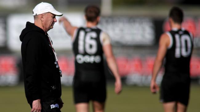 Coach Ken Hinkley during a Port Adelaide training session at Alberton Oval on Thursday. Picture: AAP Image/Kelly Barnes