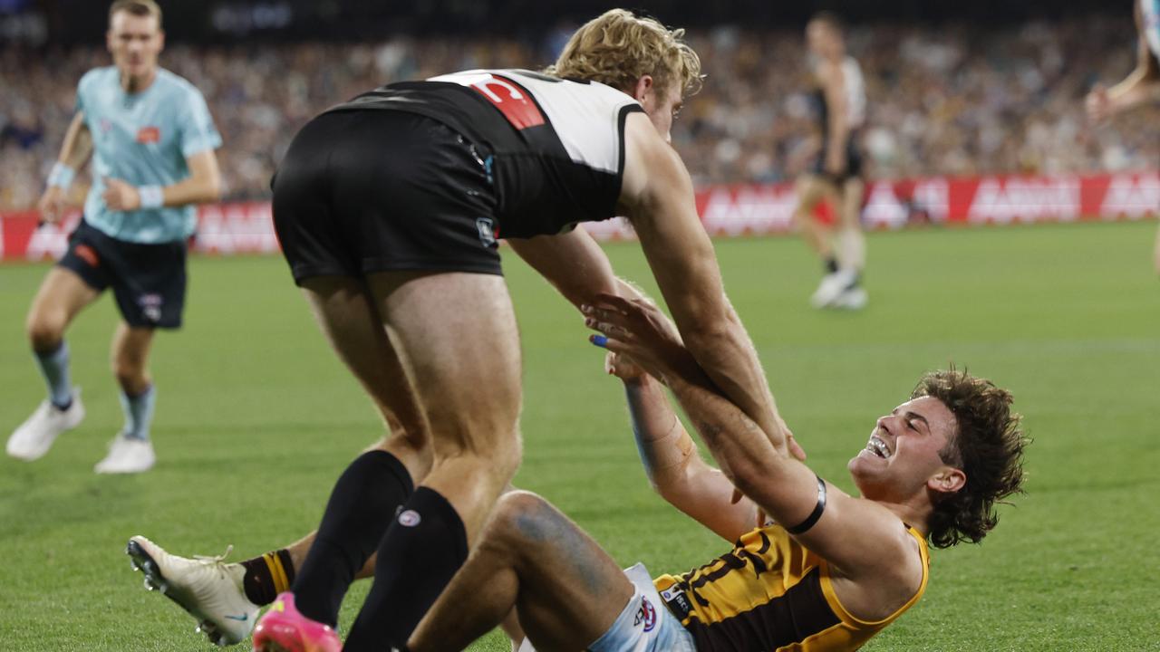 Port Adelaide vs Hawthorn at Adelaide Oval during Gather Round. Jason Horne-Francis of the Power pushes Nick Watson of the Hawks to the ground during the third quarter. Picture: Michael Klein