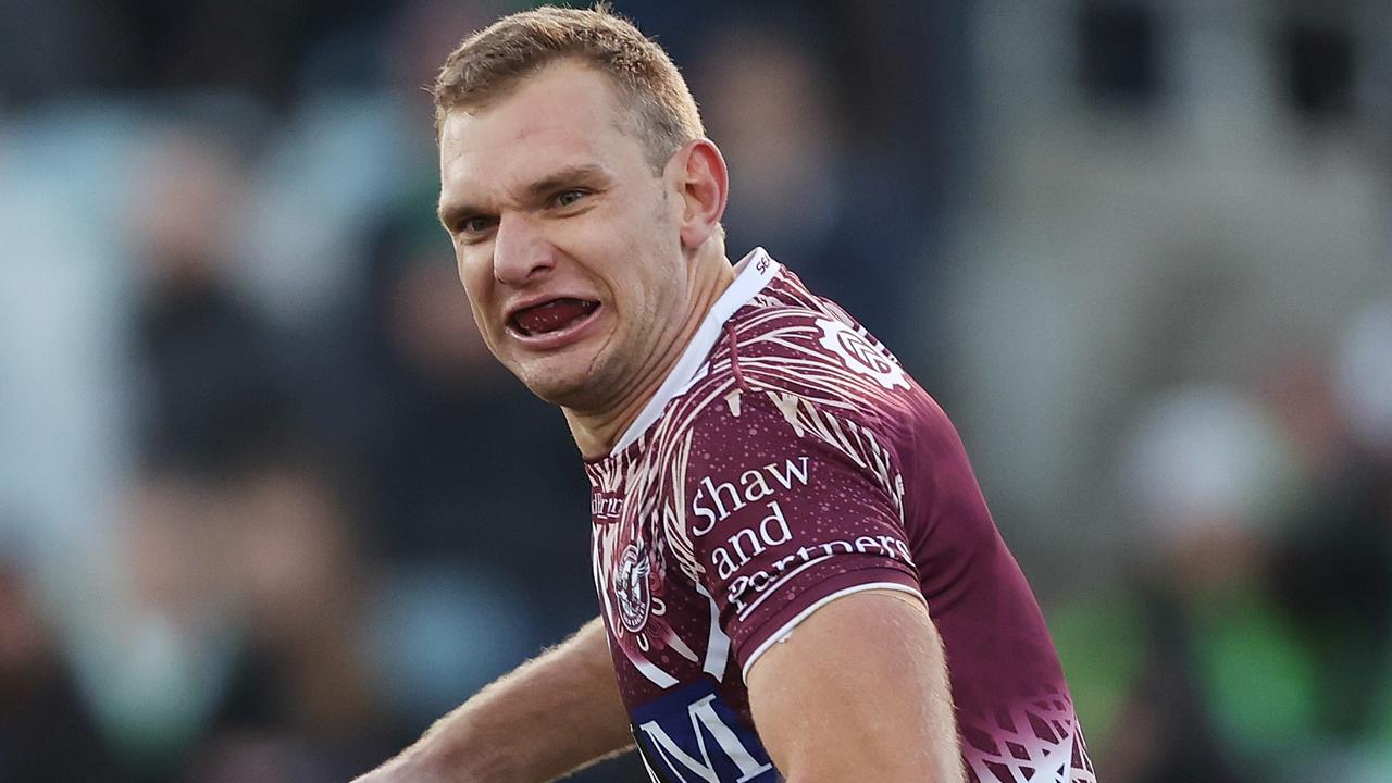 CANBERRA, AUSTRALIA - MAY 21: Tom Trbojevic of the Sea Eagles celebrates scoring a try during the round 12 NRL match between Canberra Raiders and Manly Sea Eagles at GIO Stadium on May 21, 2023 in Canberra, Australia. (Photo by Mark Metcalfe/Getty Images)