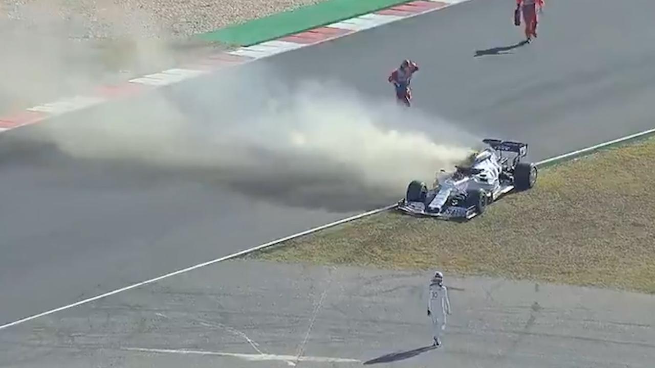 Pierre Gasly's car caught on fire.