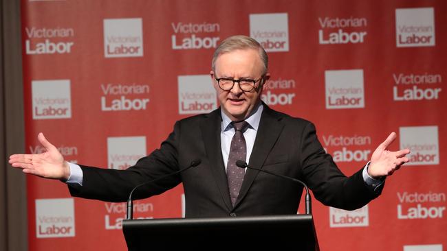 Prime Minister Anthony Albanese addresses the Victorian Labor Party conference at Moonee Valley Racecourse. Picture: NewsWire/David Crosling