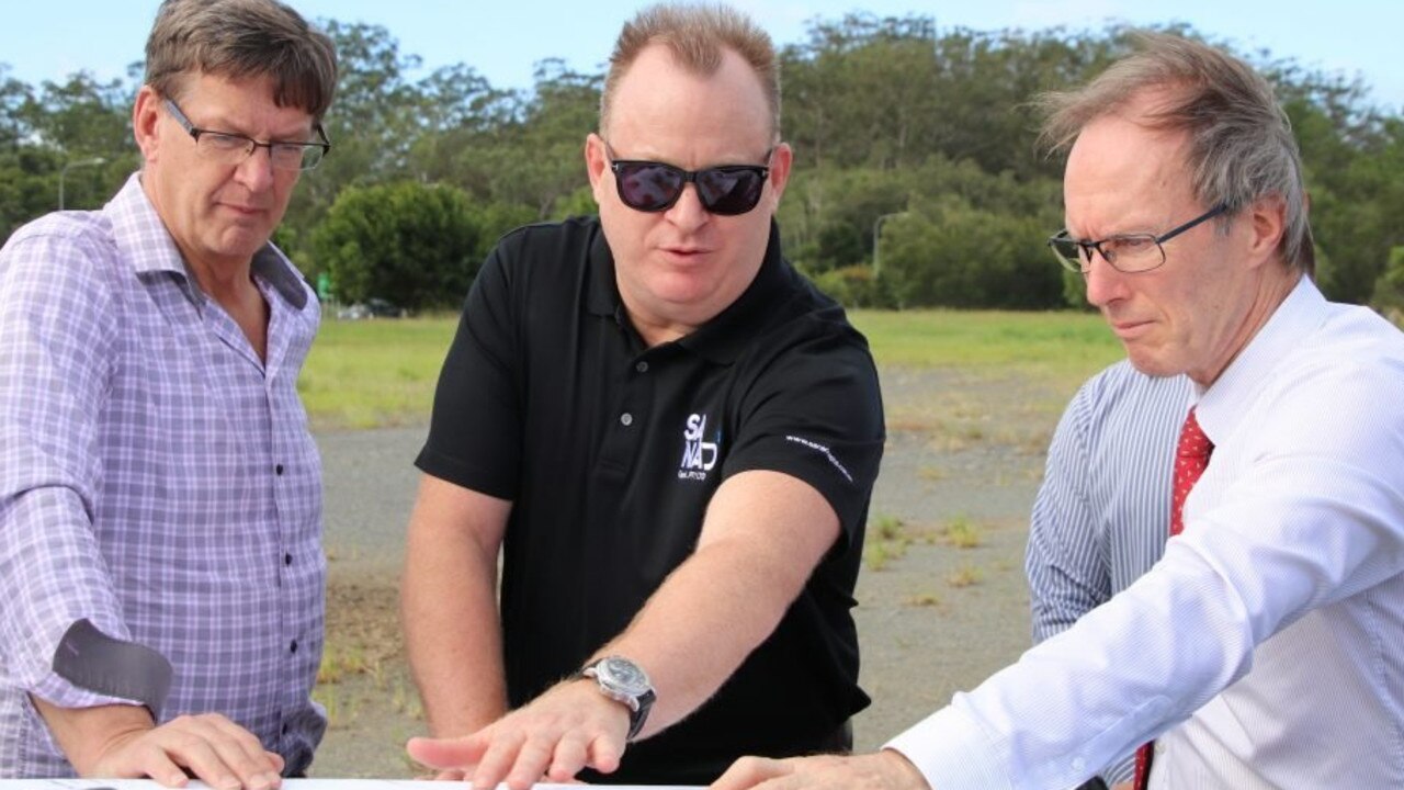 WhiteWater CEO Geoff Chutter, Sanad Capital founder Bradley Sutherland and Sunshine Coast Councillor Rick Baberowski discuss plans for the Actventure water park at Glenview.