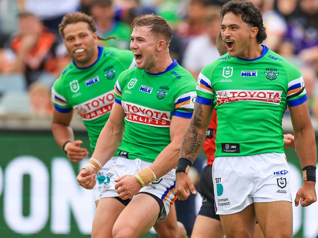 Xavier Savage nabbed one of the easier tries of his career. Picture: Jenny Evans/Getty Images