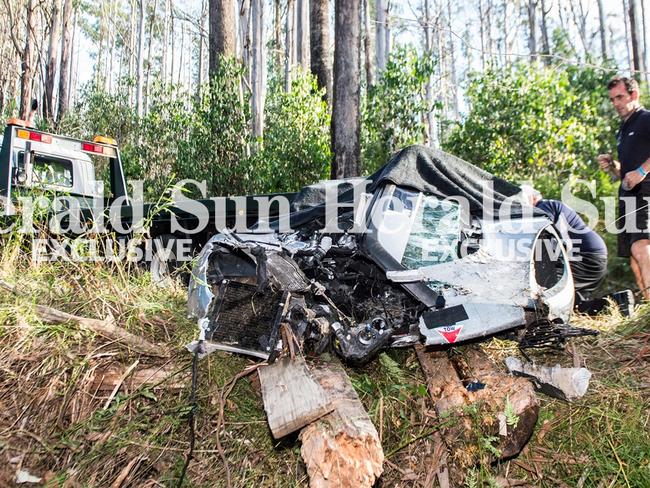 The wreckage of Denyer’s Lotus Exige Sport 350 after coming to grief on the Marysville Wood Point Road during the 2017 Lake Mountain Sprint. Picture: Herald Sun