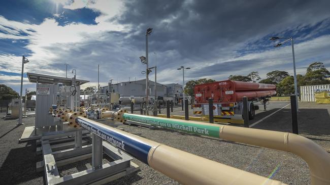 A red tube trailer ready to be filled at Hydrogen Park SA. Picture: Roy VanDerVegt