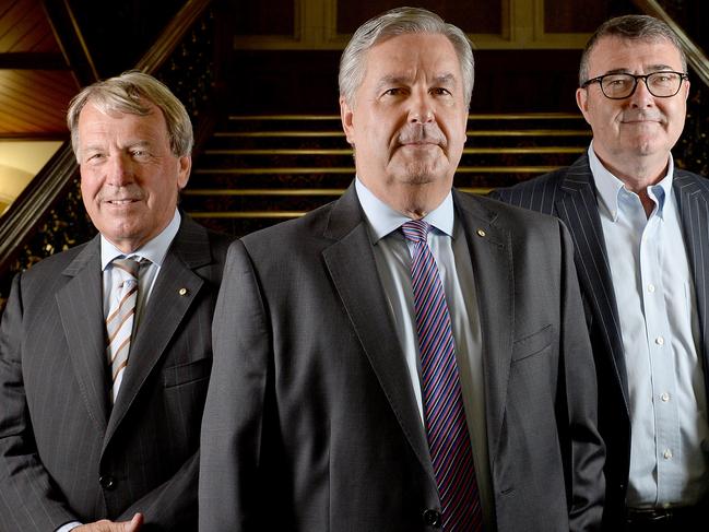 16/3/16 - Three chancellors of Adelaide, Flinders and University of SA launching unprecedented bid to push into defence industry. Pictured at Adelaide University are (L-R) Flinders University chancellor Stephen Gerlach, Adelaide University Chancellor Kevin Scarce's and University of SA chancellor Jim McDowell. Photo Naomi Jellicoe